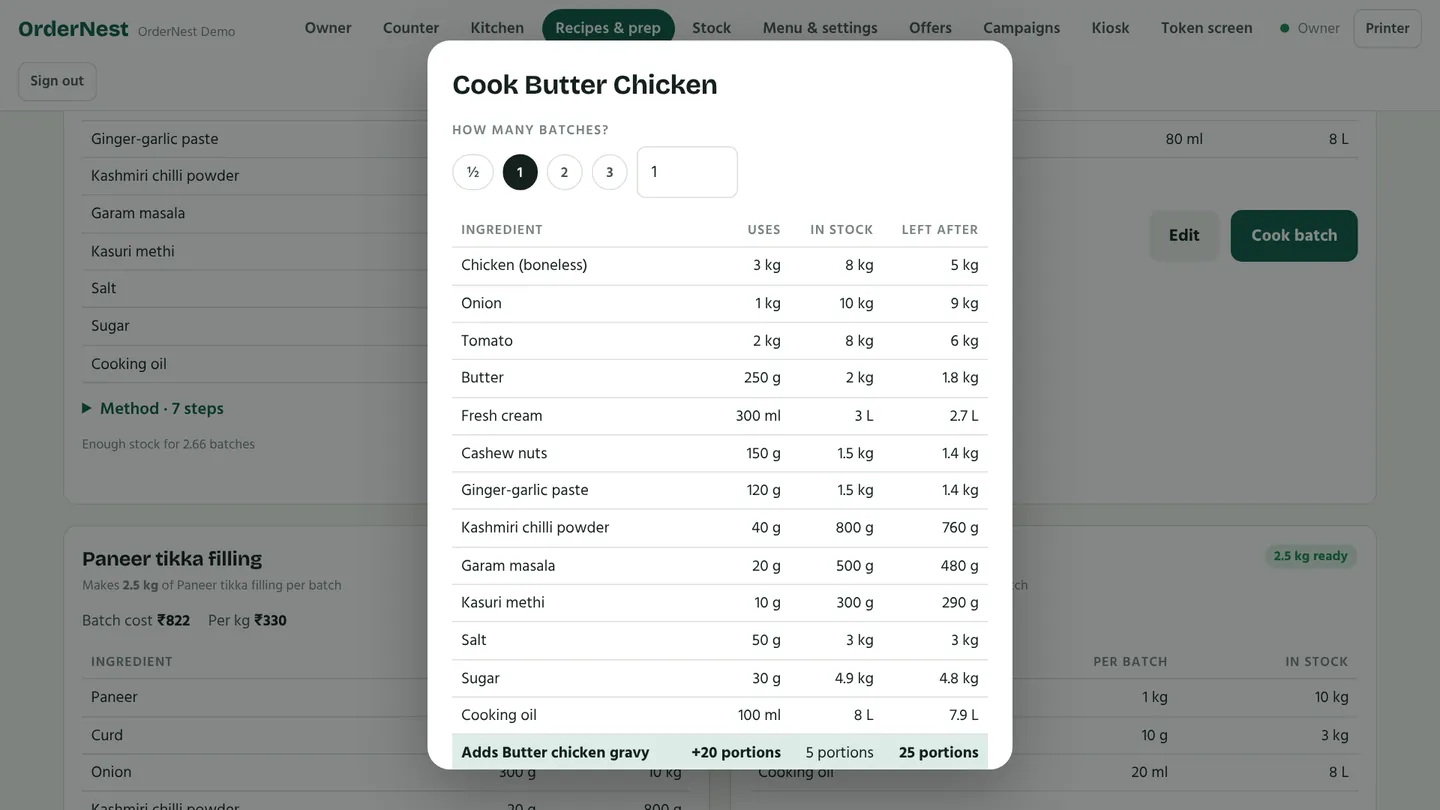 Cooking a batch of a standard recipe
