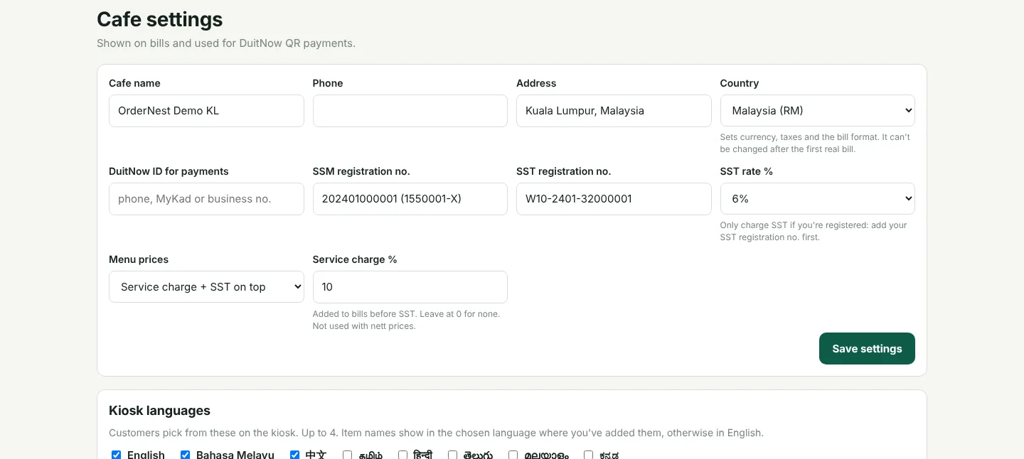 Cafe settings for Malaysia: SSM and SST numbers, SST rate, menu prices and service charge
