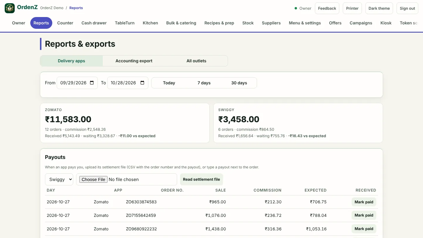 Delivery app sales, commission and payouts waiting to be matched