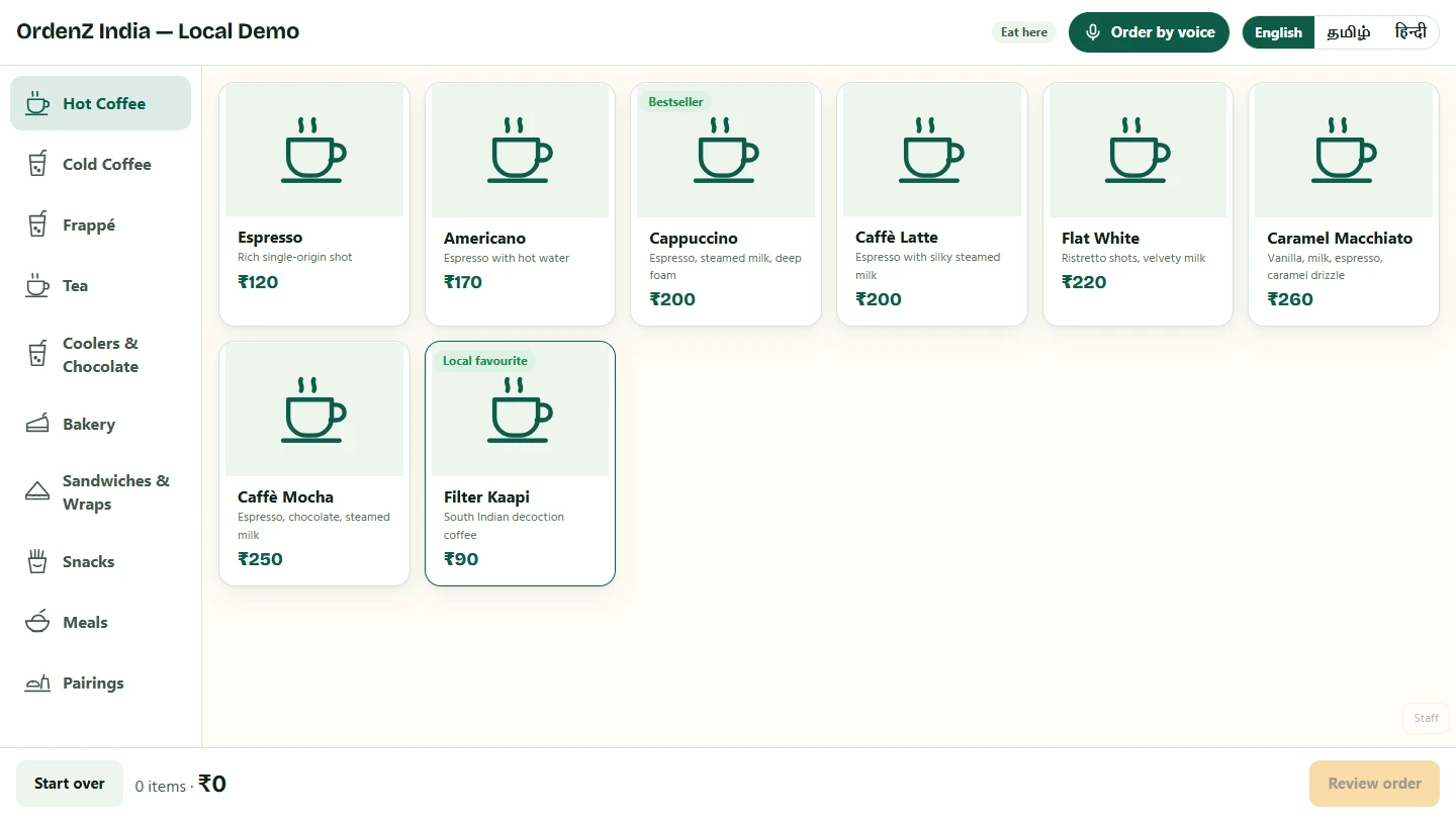 OrdenZ self-order kiosk showing a cafe menu