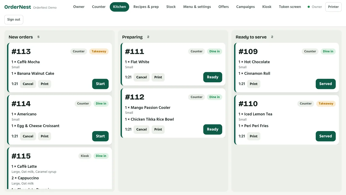 Kitchen display with live order tickets