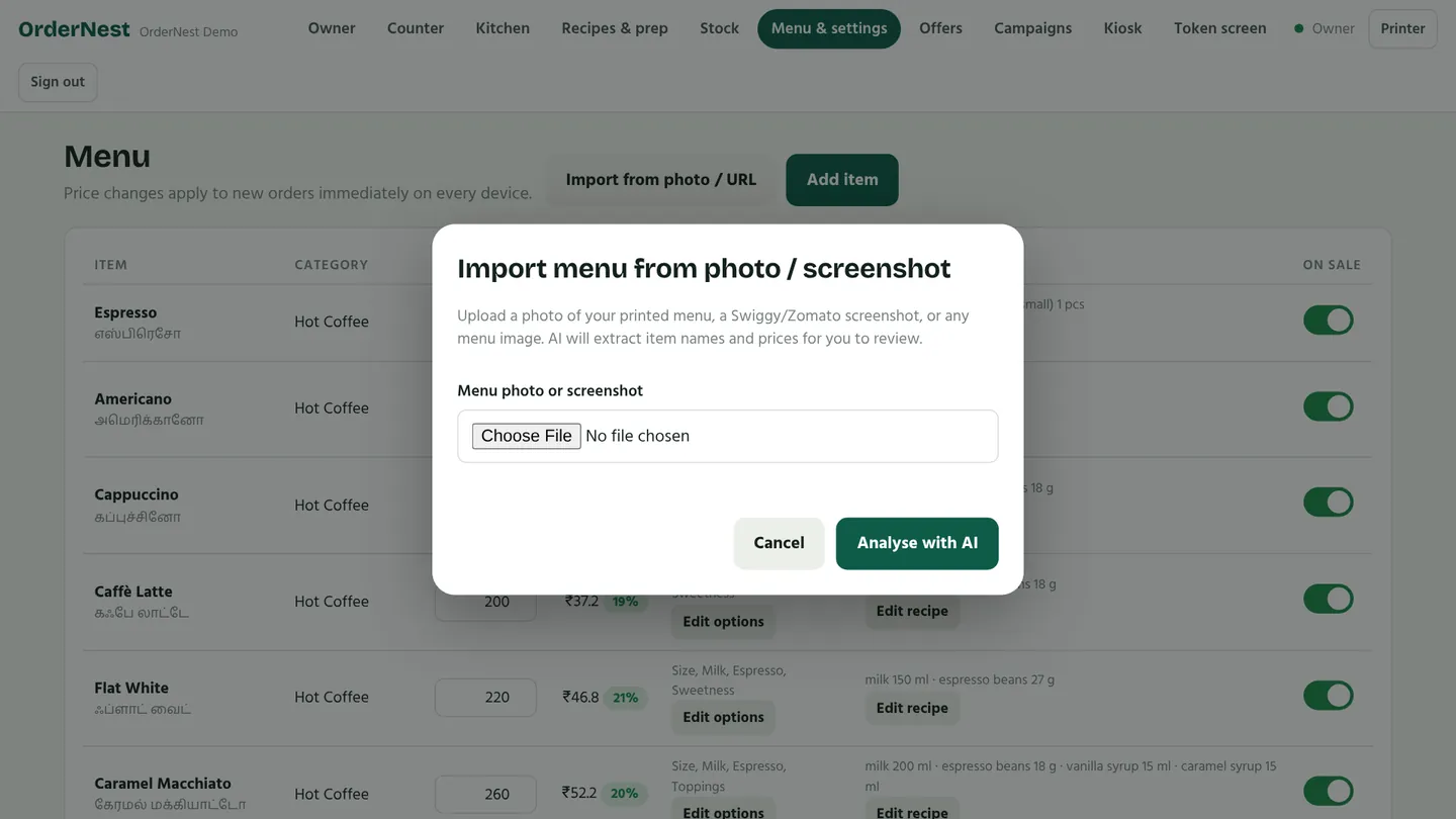 Importing a menu from a photo