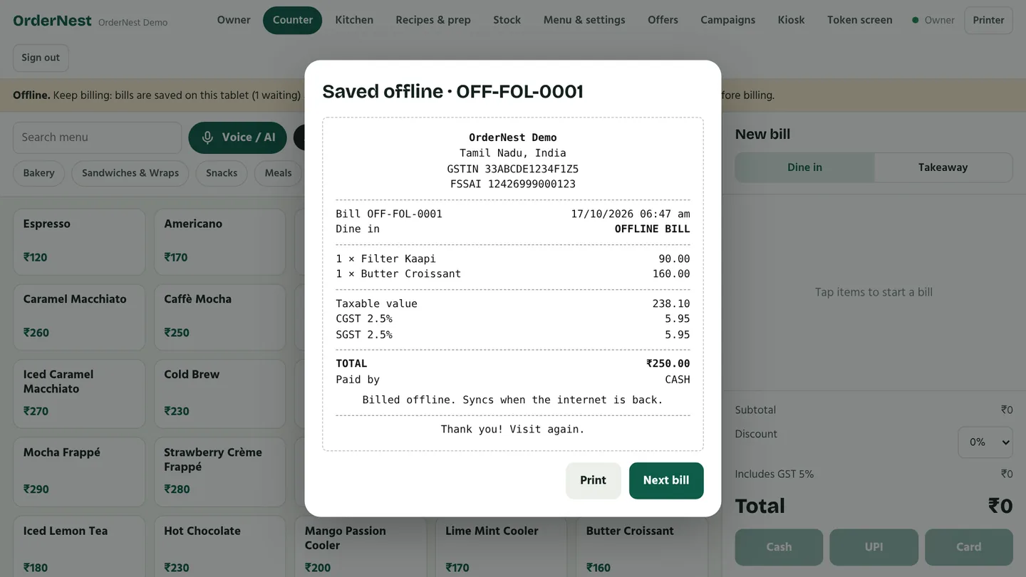 A bill saved while offline