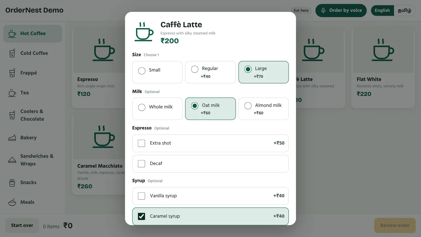 Choosing size, milk and syrup for a Caffè Latte