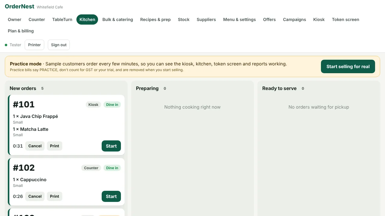 The kitchen screen in practice mode, with sample orders and the practice banner