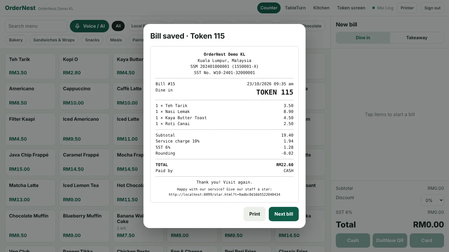 A Malaysian bill with service charge, SST and rounding