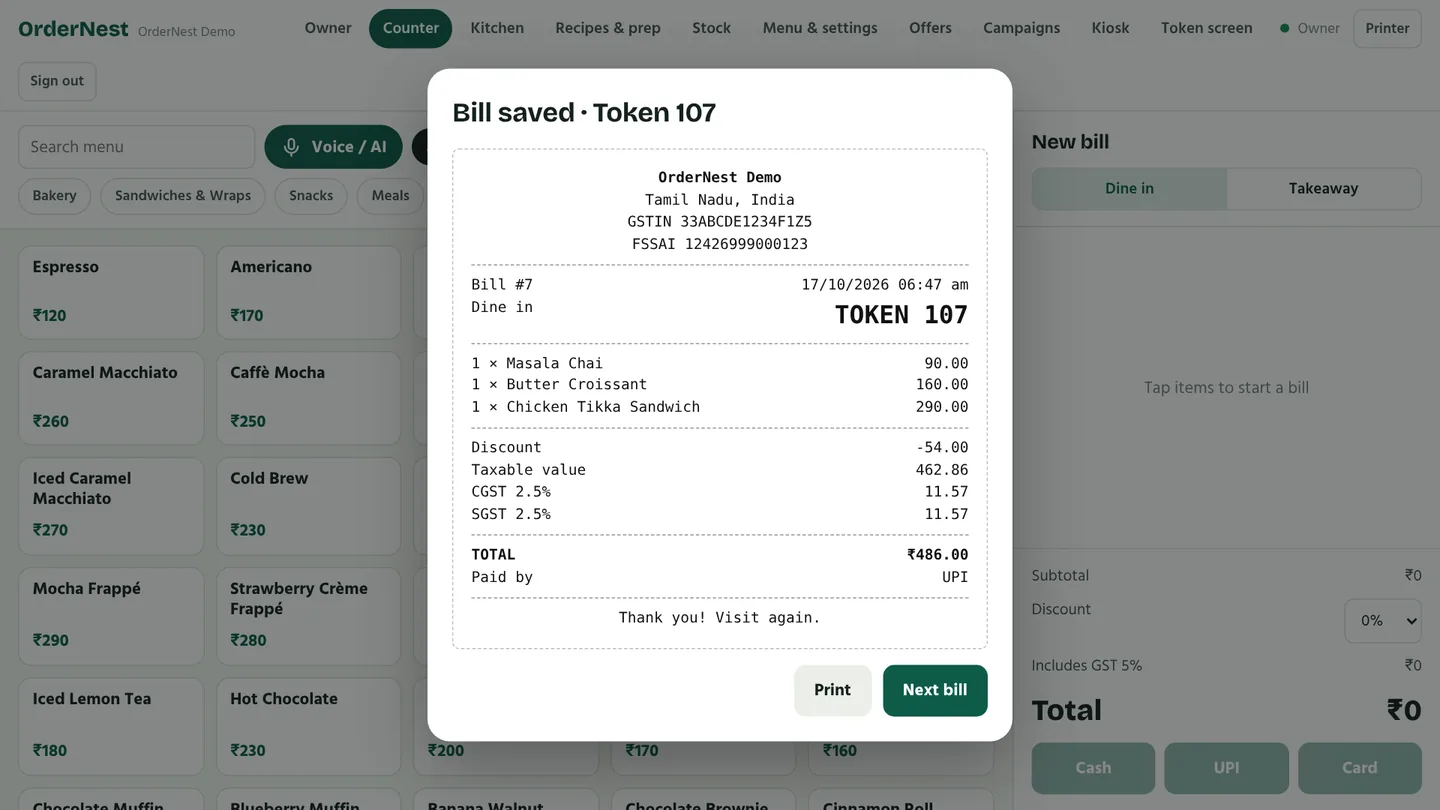 GST receipt on the counter screen