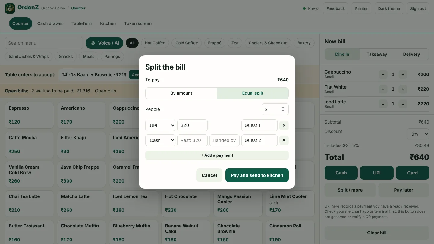 Splitting a bill equally between two guests, part UPI and part cash