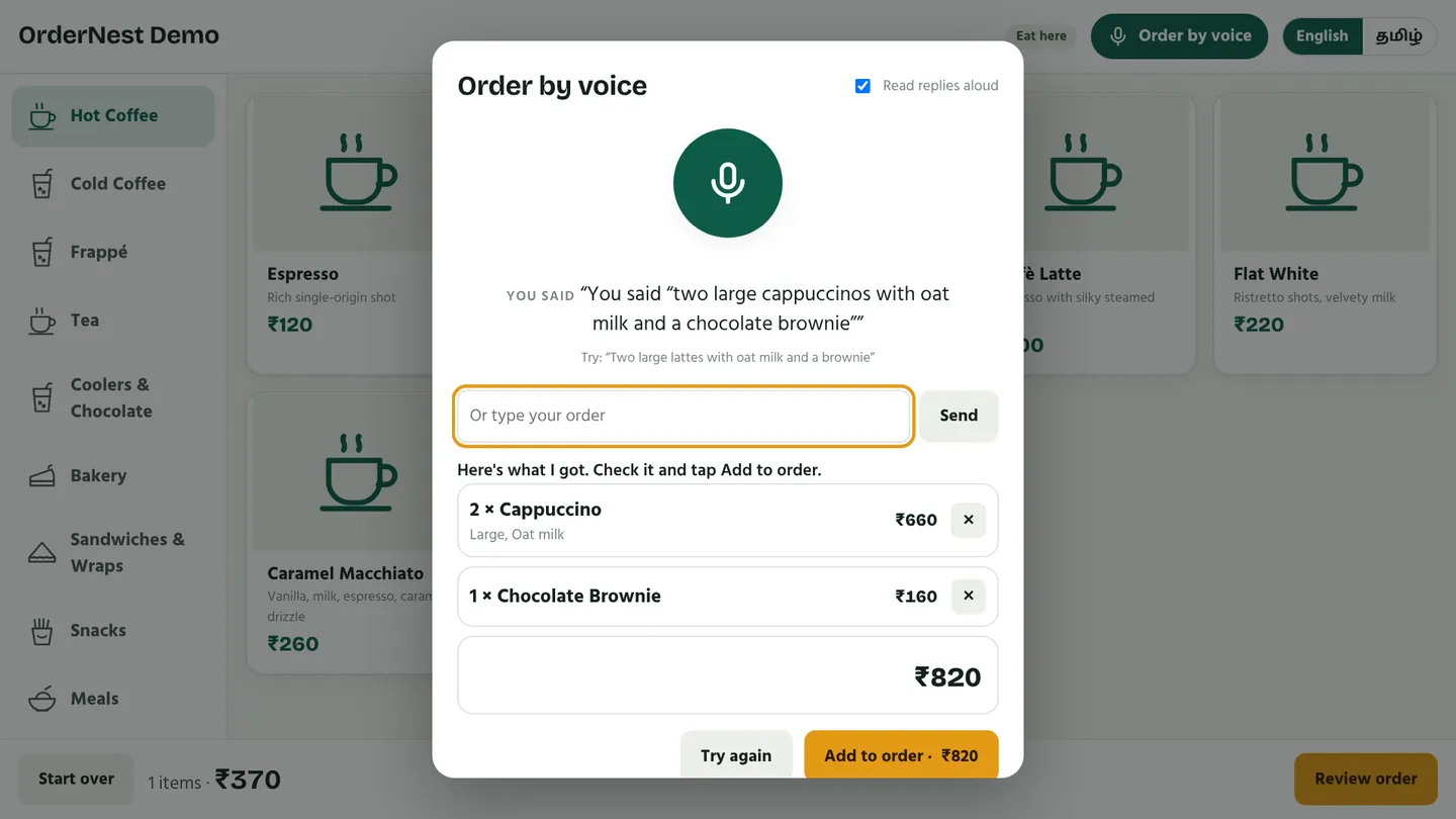 Voice order turned into a cart
